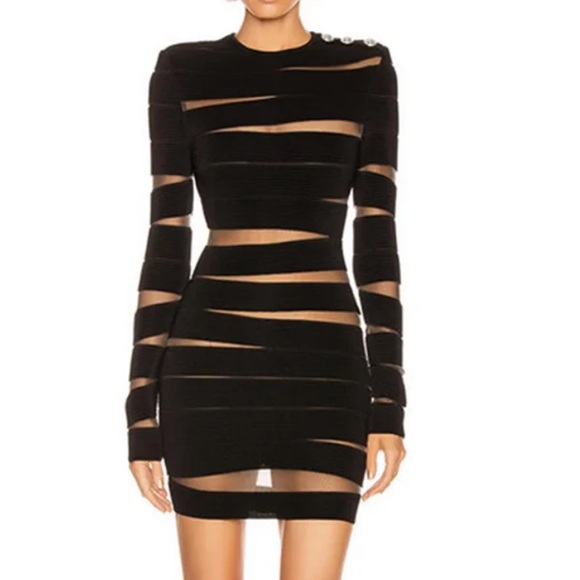 🎉New Captivating Long Sleeve Sheer Mesh Design Round Neck Slim Fit Dress - Picture 7 of 12